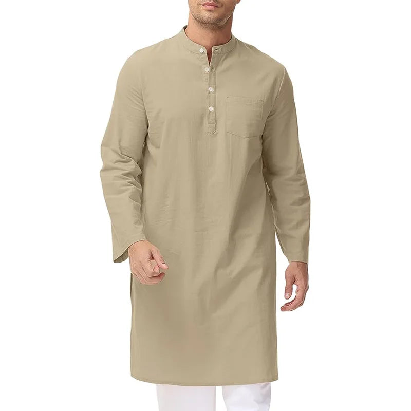 2025 New Fashion Men's Cotton Long Sleeve Stand Collar Knee Length Casual Trendy Solid Color Jubba Thobe Male Muslim Clothes
