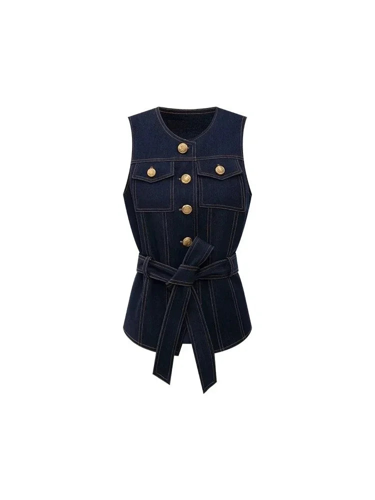 2026 new women's Japanese retro denim vest spring new waist style high-end sleeveless top denim trousers