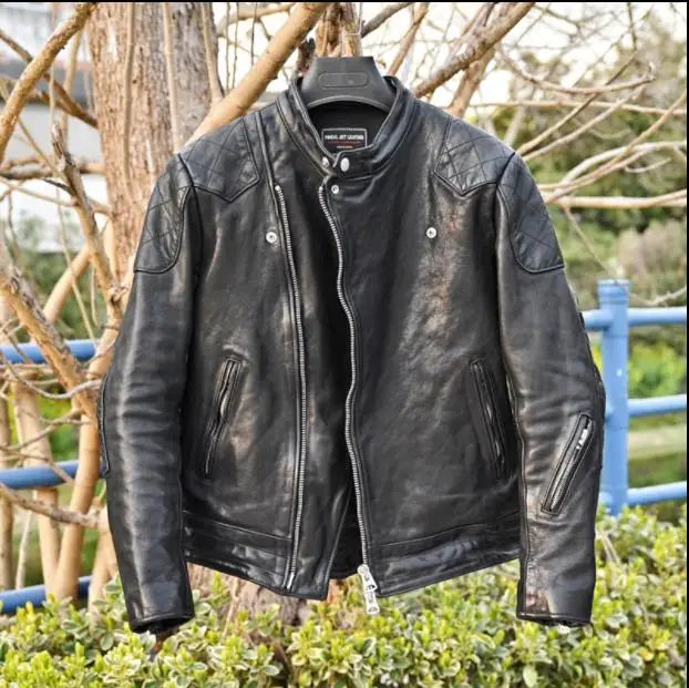 YR!Best.Heavy Thick Cowhide Motor Jacket.Mens Vintage Style Tanned Leather Coat.1.5mm Leather Rider Jacket.Slim Fit