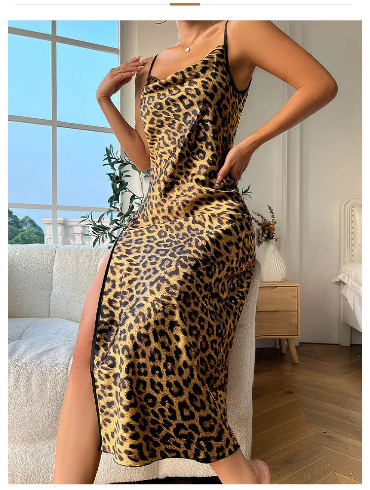 Summer women’s ice-silk spaghetti-strap dress; faux silk leopard-print pyjamas and loungewear; women’s backless, slit-hem spaghe