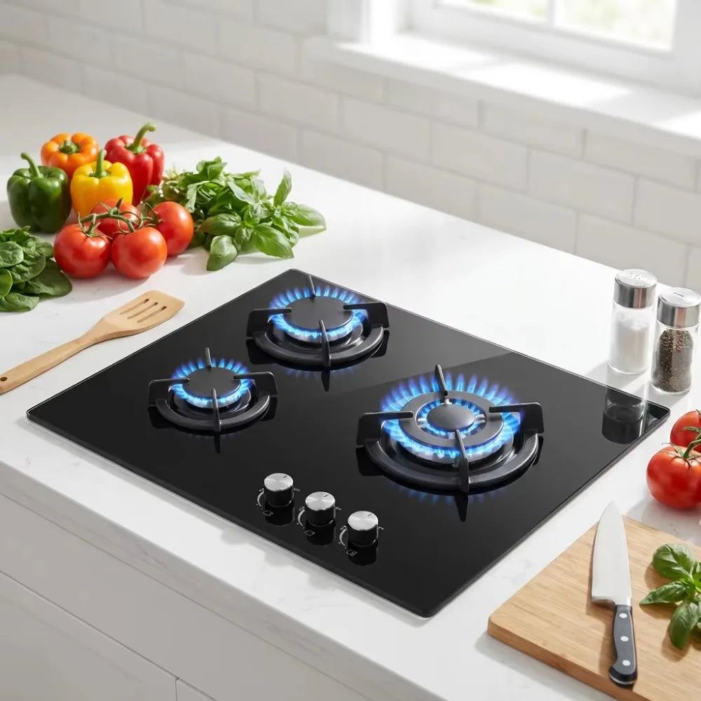 3 Burner Built-in Gas Hob 60cm Black Tempered Glass LPG Gas Cooktop with Timer Knob Control Kitchen Stove