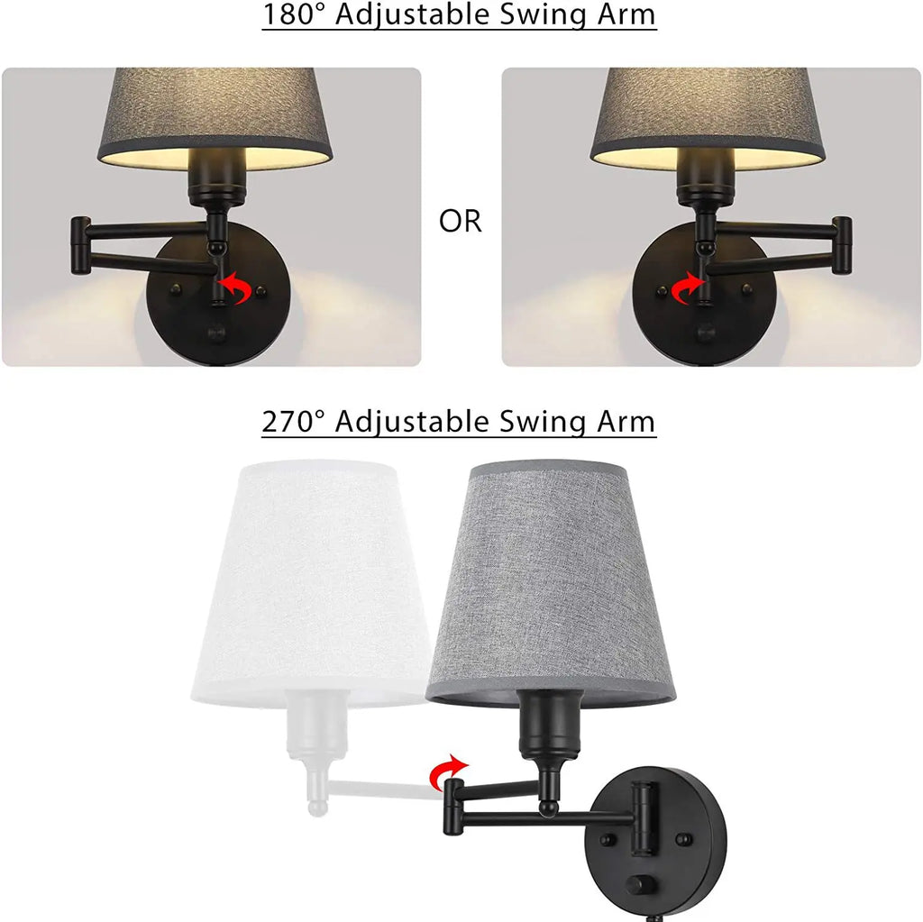 LED American Wall Lamp Folding Swing Arm US EU Plug Switch Fabric Bedroom Bedside Living Room Study Stairway Aisle Plug Light