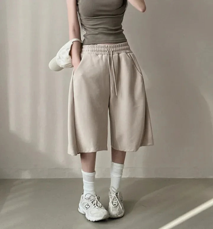 Summer Drawstring Wide Leg Shorts Women Fitness Running Loose Casual Large Sports Shorts Sweat Short High Elastic Lace Up Pants