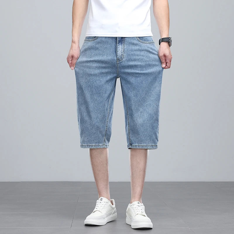 Summer men's six inch shorts over the knee thin straight tube minimalist elastic denim shorts Baggy Jeans Shorts for Men  3/4