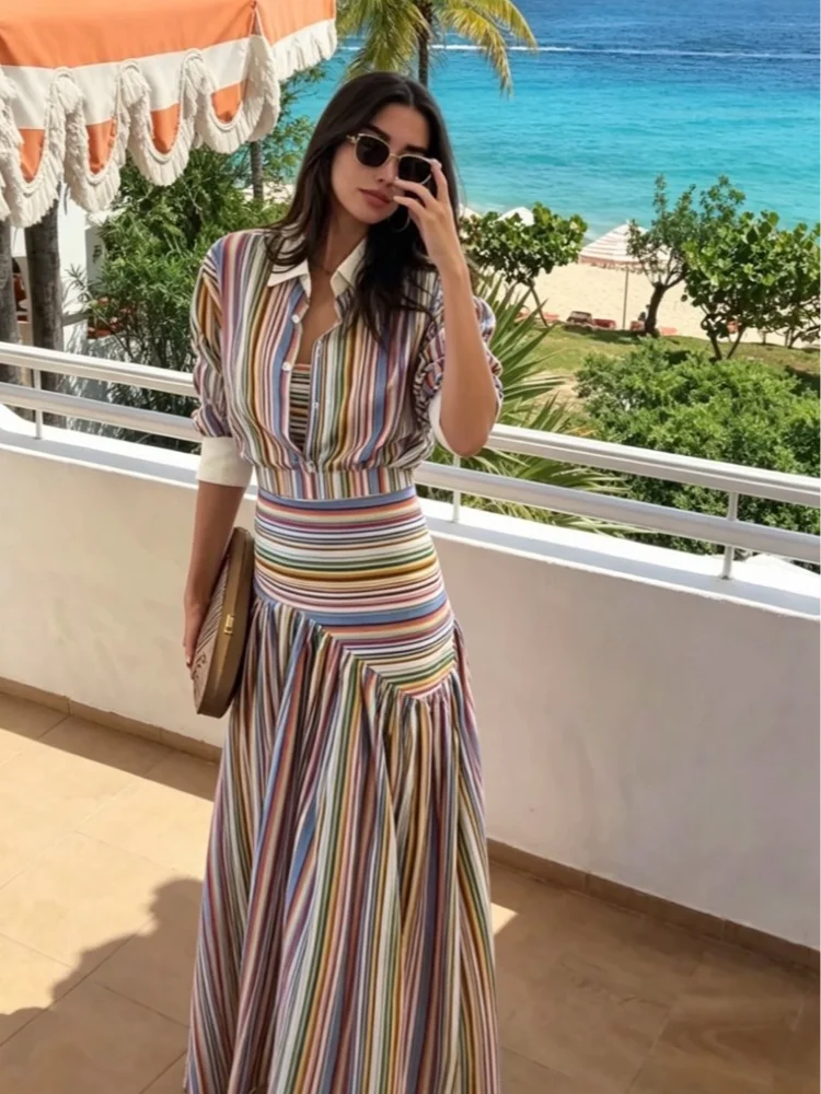 Multicolor Striped Shirt 2 Picec Set Button Front Blouse High Waist Flared Hem Maxi Skirt 2026 Summer Elegant Lady Vacation Suit