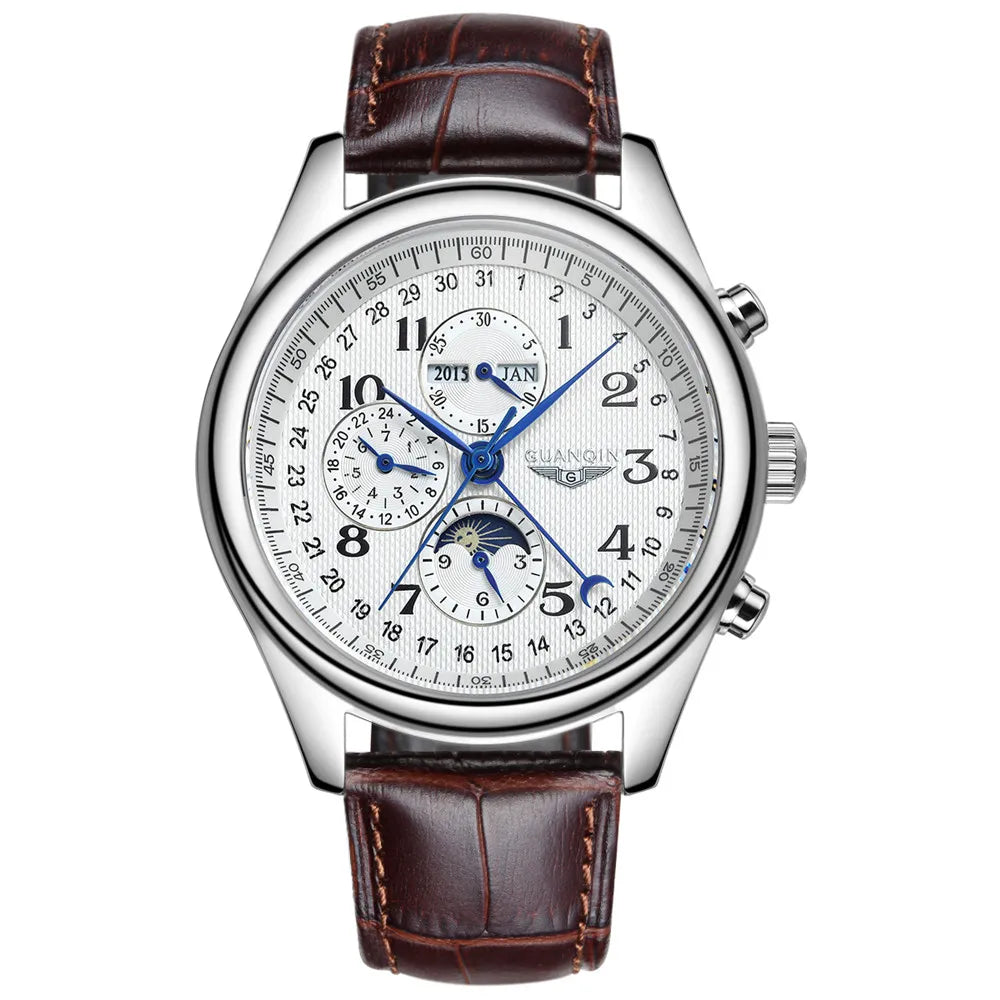 GUANQIN Leather Steel Mechanical Sapphire Men Watches Top Brand Luxury Waterproof Automatic Wristwatch Calendar Moon Phase