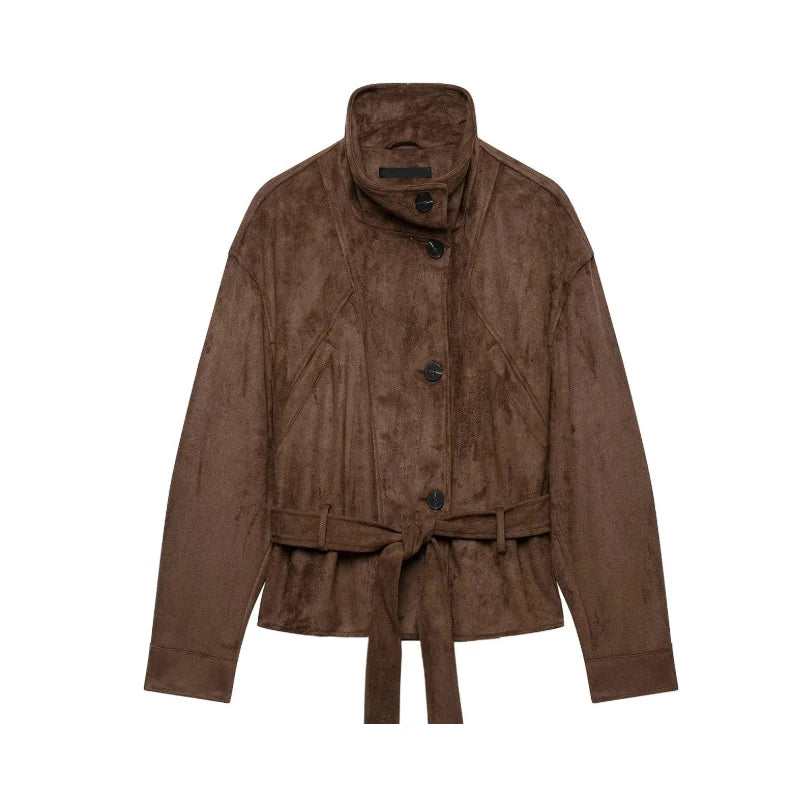 Faux Suede Women Winter Jacket Belted Waist Autumn Coat Stand Collar Short Jacket Cargo Jacket Daily Commute Wear Street Style