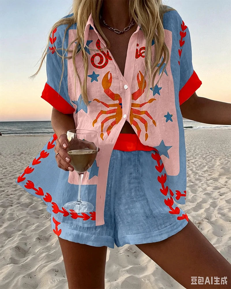 Holiday Summer Vacation Shorts Set 3D Printed Seaside Tropical Casual Lapel Shirt Blouse Top Shorts 2-Piece Suits Beach Clothes