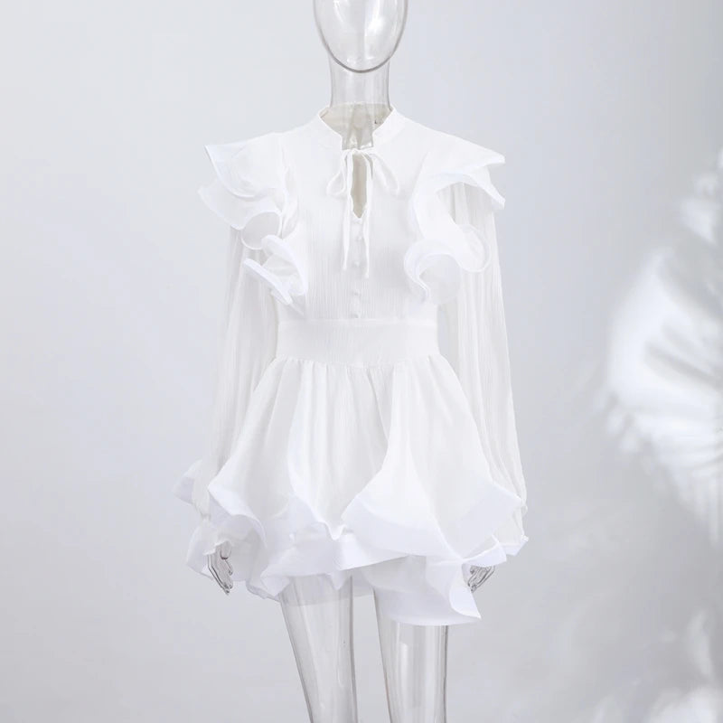 Elegant Floral Print Chiffon Dress Women's Backless Long Sleeve Ruffle Waist Cutout Tiered Dresses 2026 New Lady Party Wear