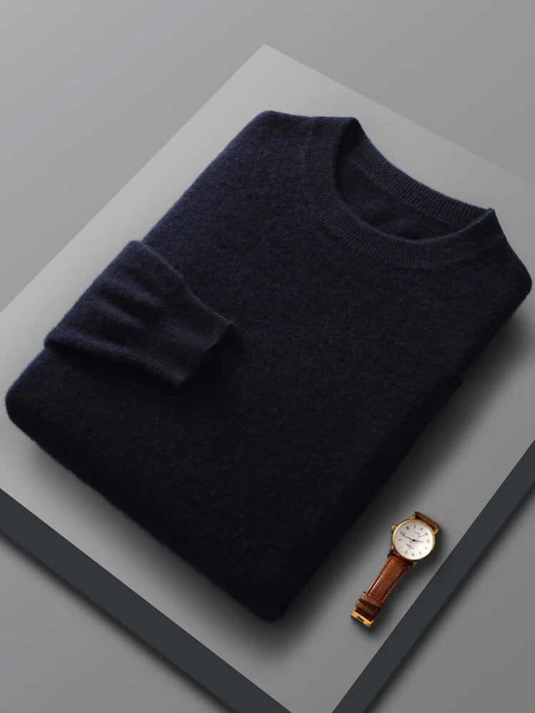 Autumn Winter Men O-neck 100% Merino Wool Pullover Cashmere Sweater Basic Casual Bottom Business Knitwear Soft Warm Clothing