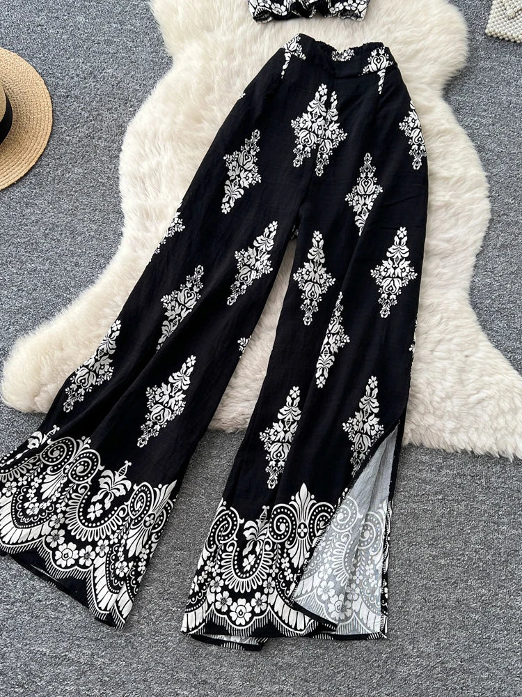 Women's Summer Two Pieces Bohemian Vacation Printed Halter Neck Sleeveless Top High Waist Wide Leg Pants Two-piece Set TP044