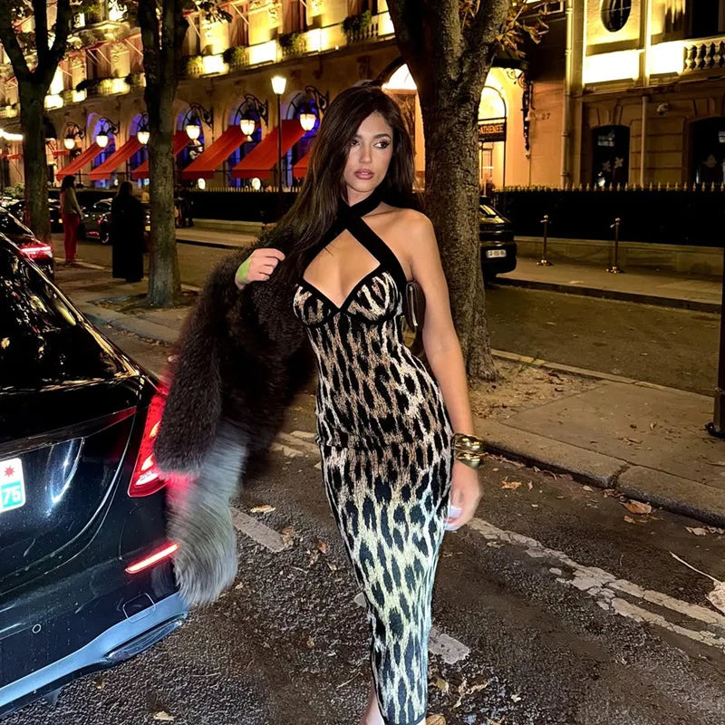 FDYOUI Fashion Halter Bodycon Leopard Dress Party Night Club Outfit Women Sexy Sleeveless Backless Midi Evening Prom Dresses