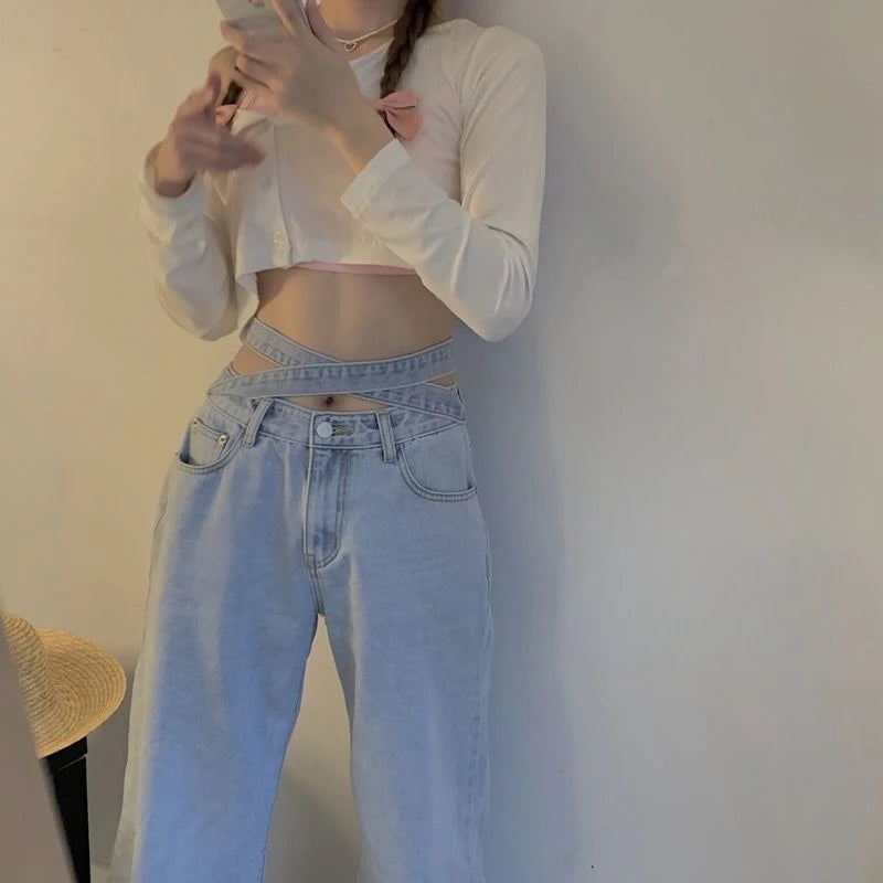 Women's High Waist Baggy Jeans Korean Trendy Loose Wide Leg Denim Pants With Ankle Ties Flowy Floor Length Streetwear