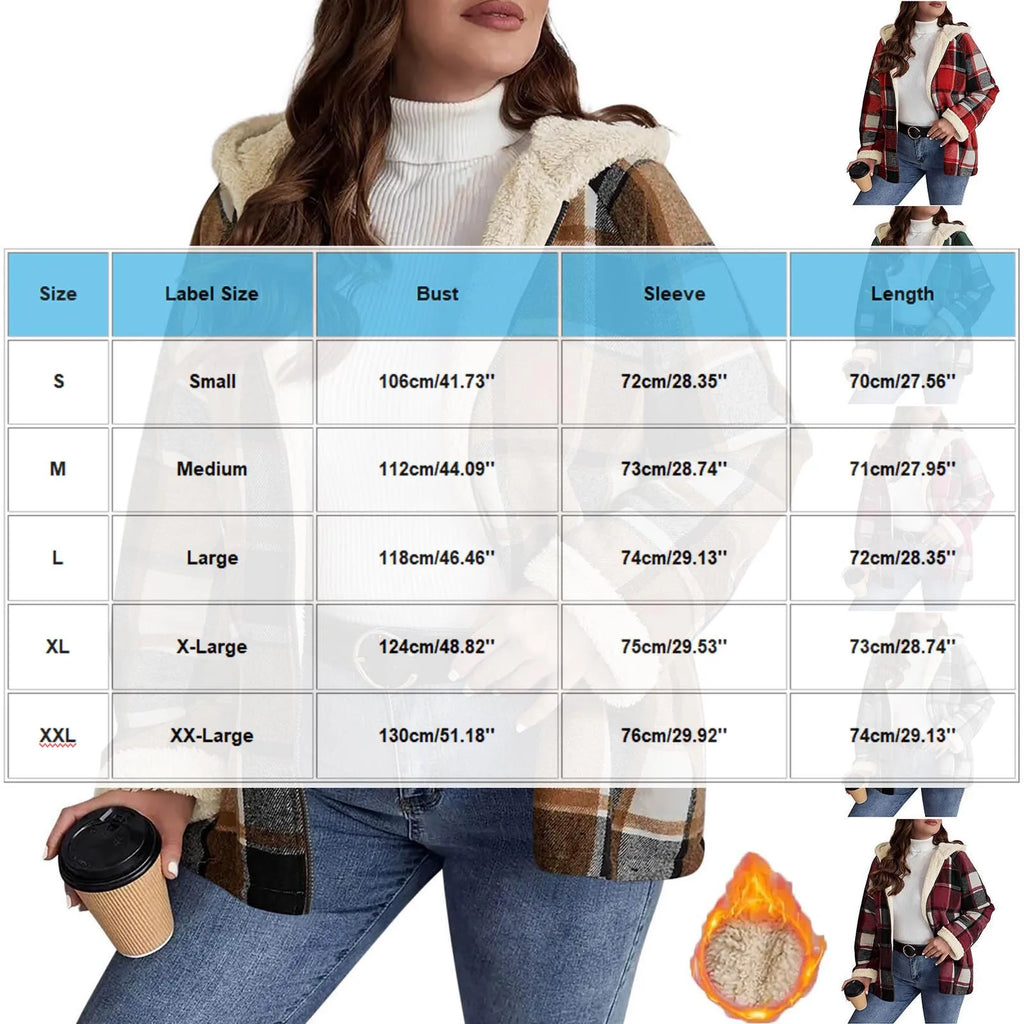 Women's Large Plaid Style Womens Jacket With Hooded Plaid Autumn And Winter Casual Loose Black White Plaid Coat Button Fall Top