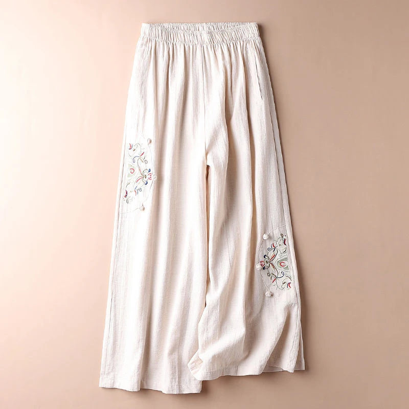 Women's Fashion New Loose Wide Leg Pants Simple Casual Solid Color Splicing Embroidered Elastic Waist Slim Thin Straight Pant