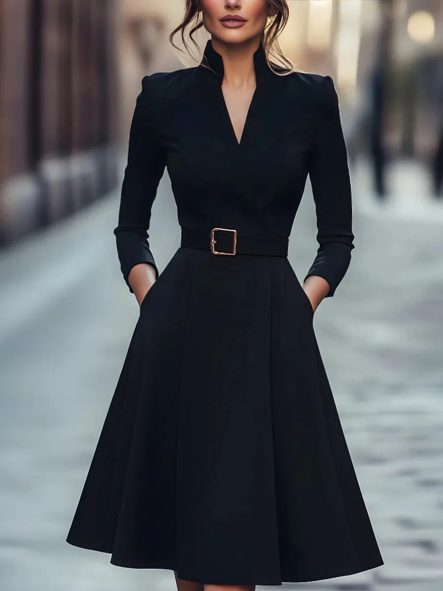 European and American solid color V-neck waist-cinching long-sleeved autumn and winter dress with a wide skirt for women