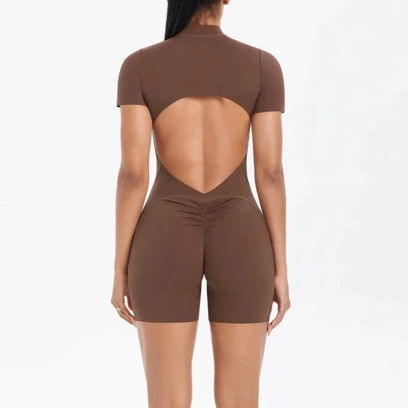 Women's Seamless Yoga Jumpsuits Sports Fitness Zipper Open Back Breathable One-Piece Bodysuits for Gym Running Fitness Workout