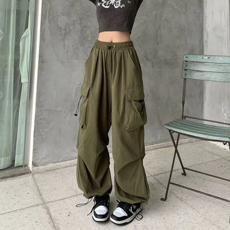 Women Streetwear Cargo Pants Elastic Waist Multi Pocket Loose Wide Leg Vintage Drawstring Casual Trousers