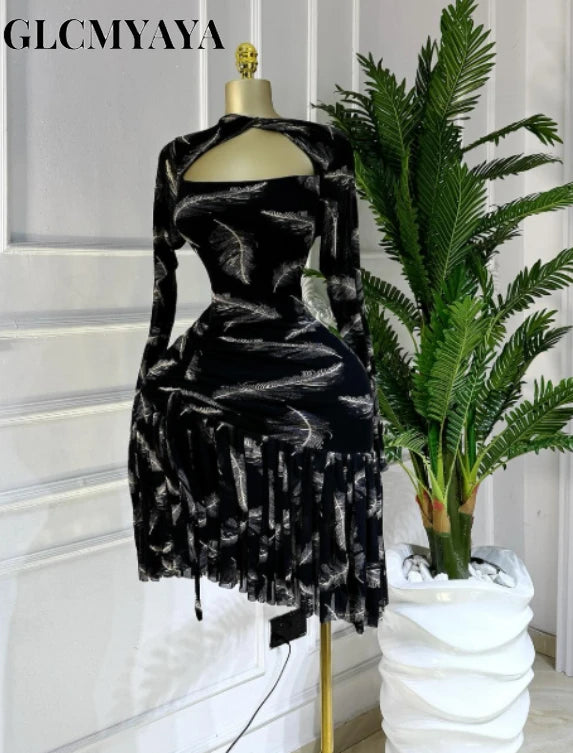 CM.YAYA Women Full Sleeve Print Stacked Ruffles Bodycon Mini Dress Fall Evening Birthday Vacation Party Vestidos Sexy Dresses