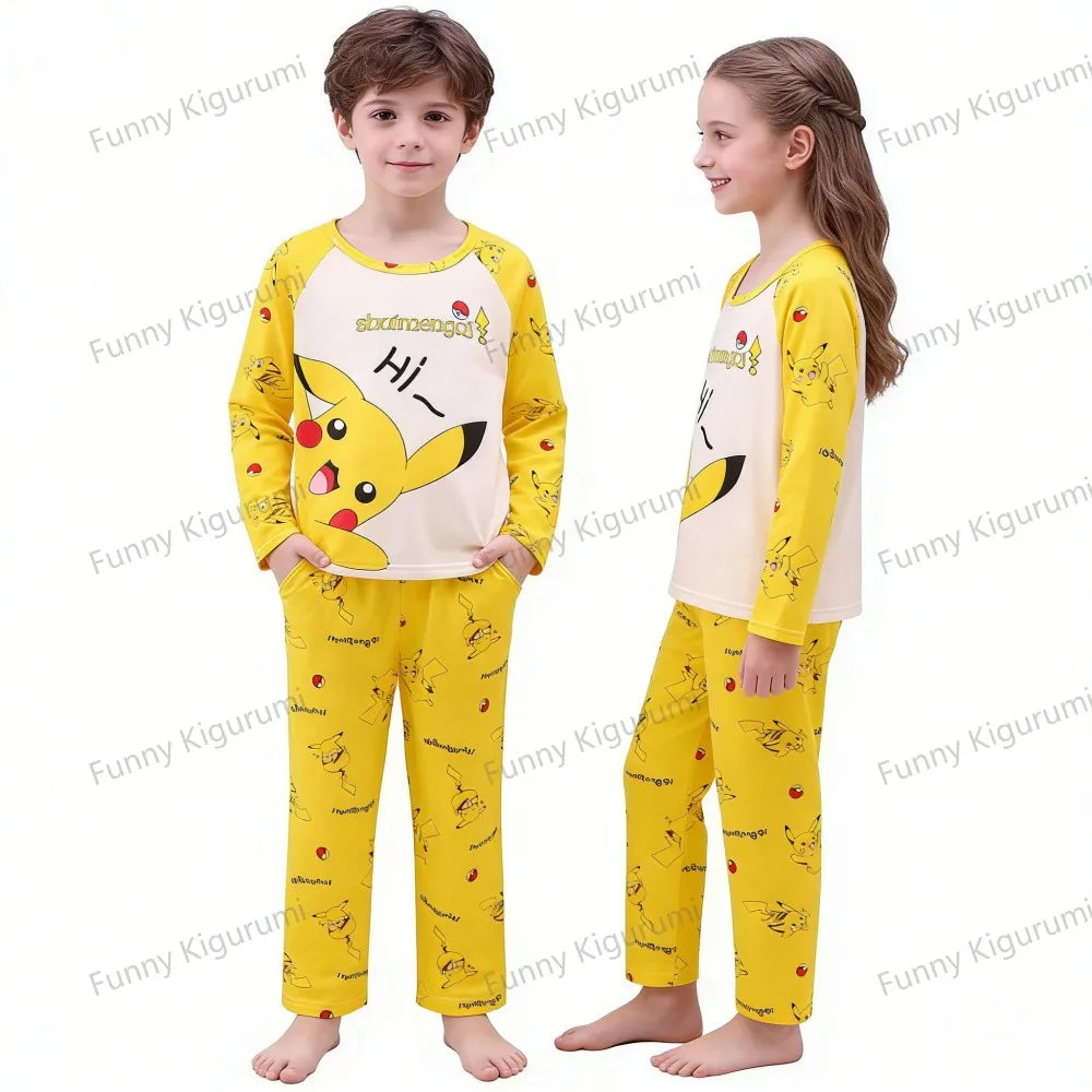 Children's Pyjamas Pikachu Set Kids Sleepers Boys Girls Cartoon Long Sleeve Sleepwear 3-14T Teenage Home Clothes Pajama Pijama