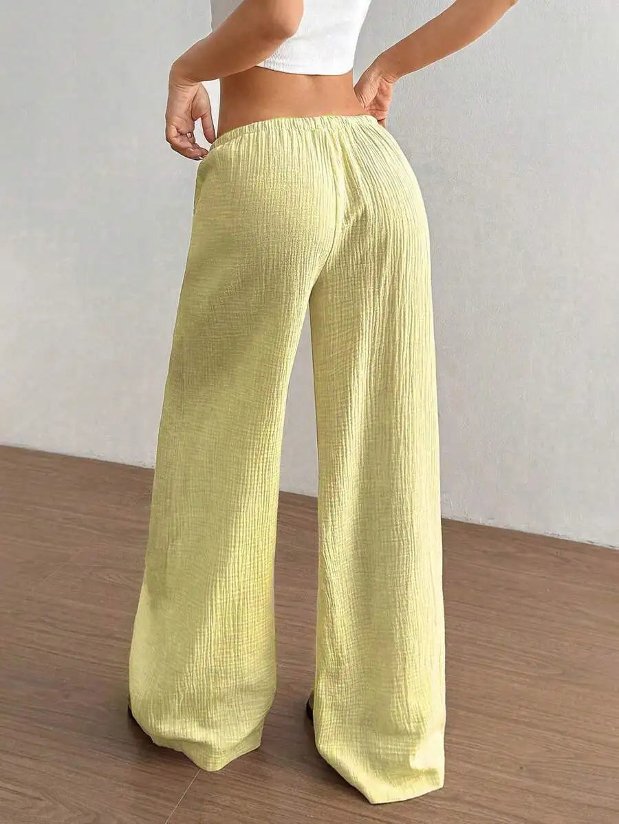 Women's Elegant Versatile Elastic Waist Comfortable Casual Pant Slightly Elastic Simple Solid Color High Waist Wide-leg Pants