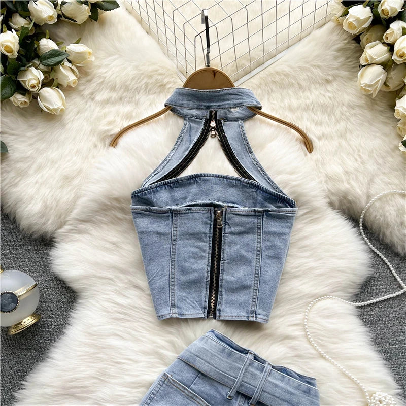 Sexy Women Summer Denim Jeans Halter Tops Mini Skirt Outfits Suits Backless Sashes Chic Style Bodycon High Waist Vestidos