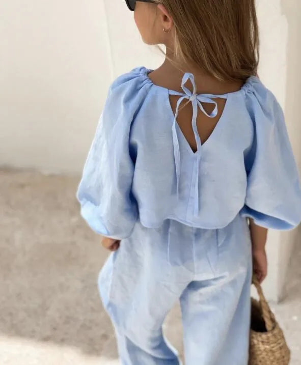 Baby Girl Linen Cotton Clothes Set Shirt+Pant 2pcs Infant Toddler Child Clothing Set Solid Color Spring Baby Clothes 1-7Y