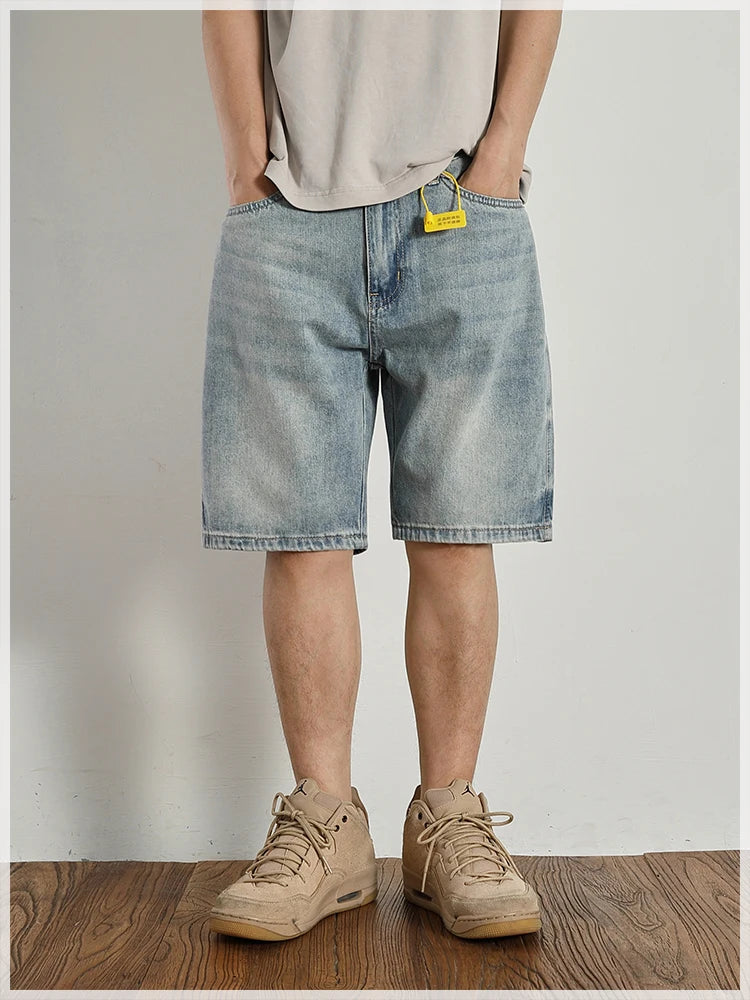 Retro classic summer casual medium pants five quarter pants fashion loose straight leg light denim shorts men's fashion