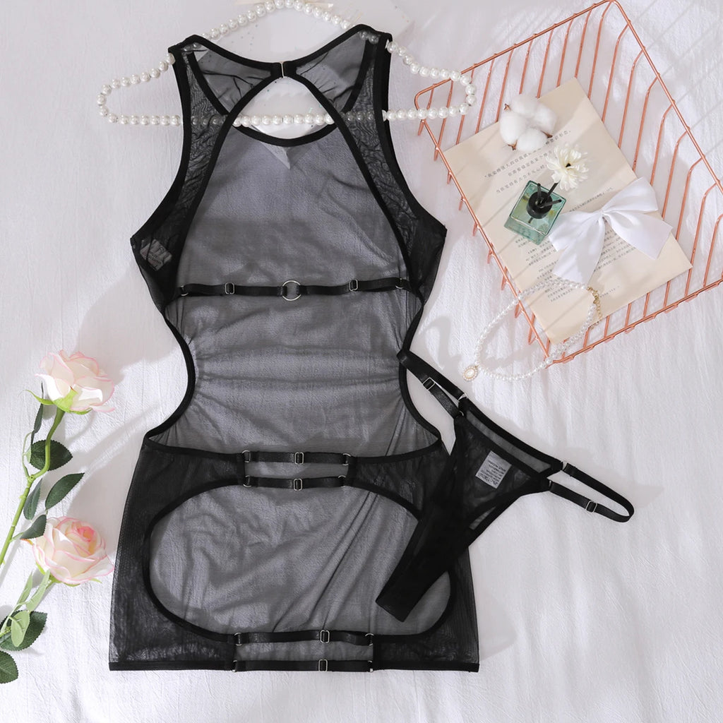 Ellolace Sexy Women's Dress Seductive Sheer Hilitos Club Party Set Ultra Hot Summer Backless Tank Underwear Kit