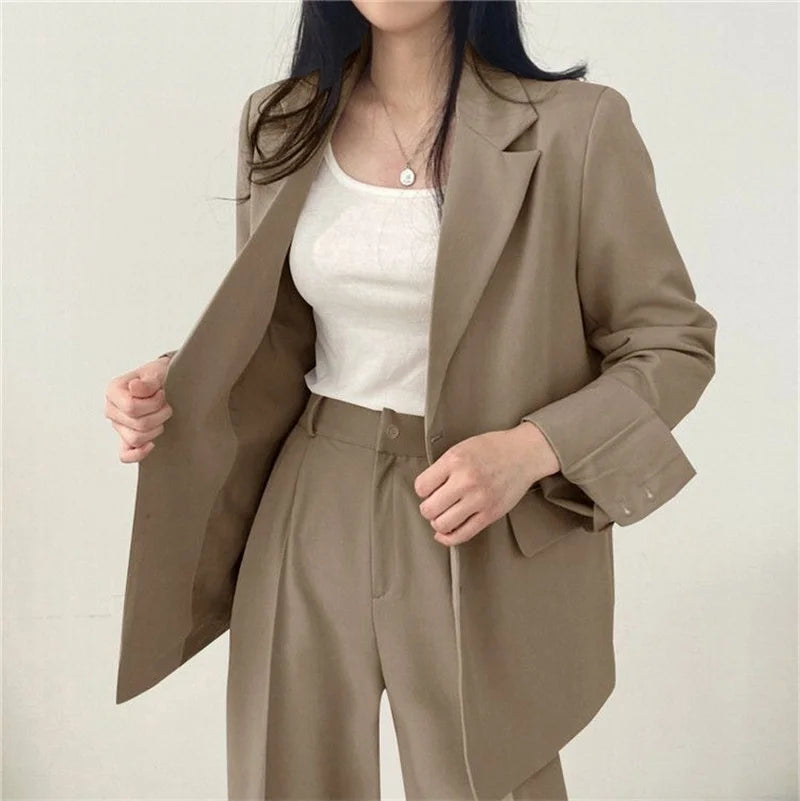 2026 Female Solid Color Blazer 2PCS Autumn Women Lapel Tops High Waist Outfit Korean Ladies Long Sleeves Suit Wide Leg Pants