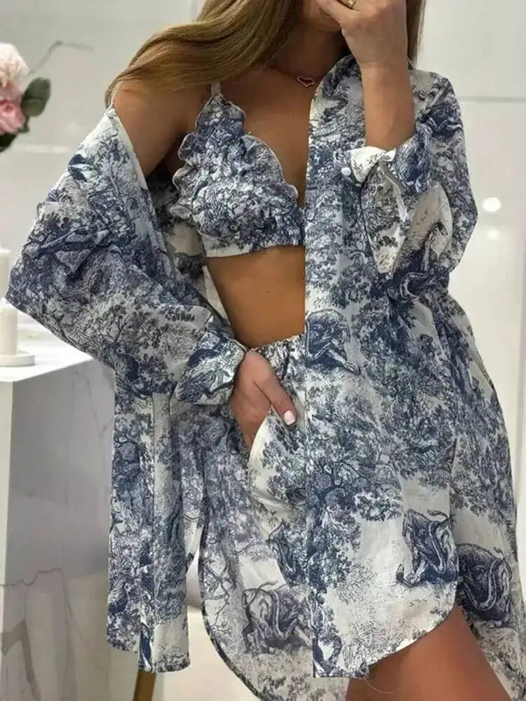 Retro Ink Shirt Three-piece Shorts Suit Women's Summer Casual Long Sleeve Button Print Fashion Shirt With Shorts Suit BX98