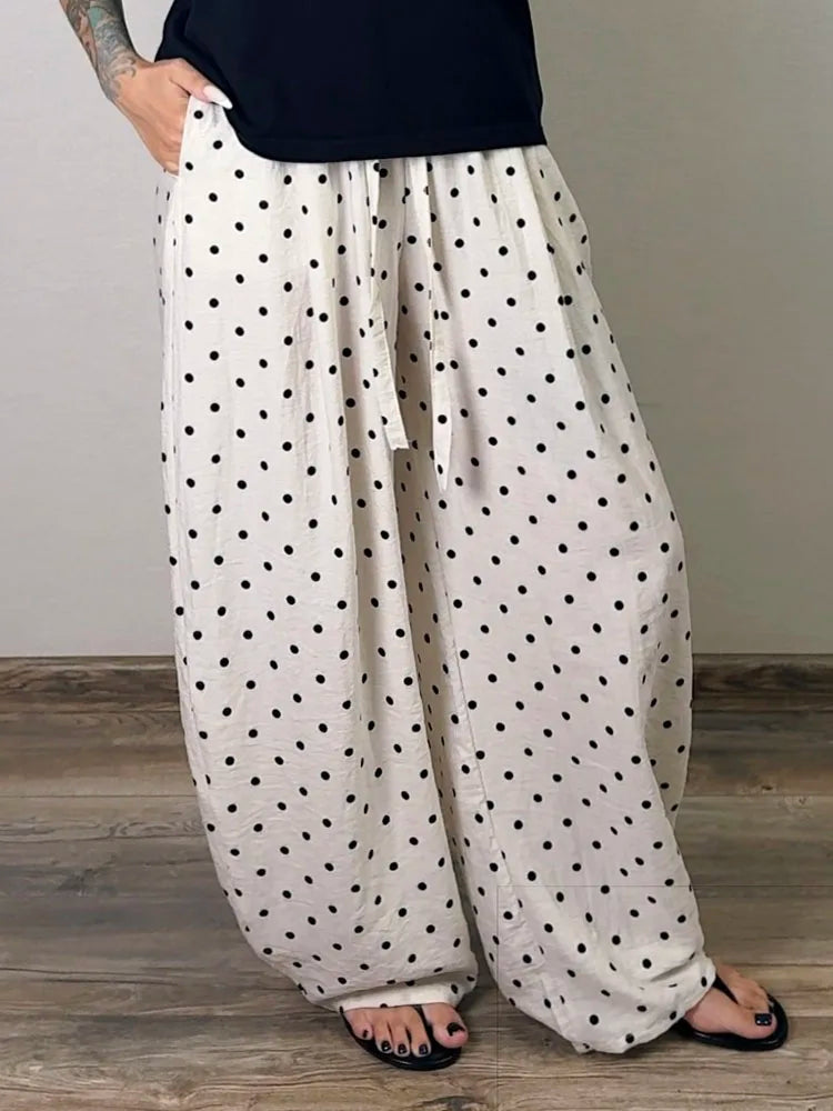 Polka Dot Cotton Linen Pants White Women Wide Leg Summer Spring Baggy Trousers For Woman High  Waist Linen Loose Pants Women