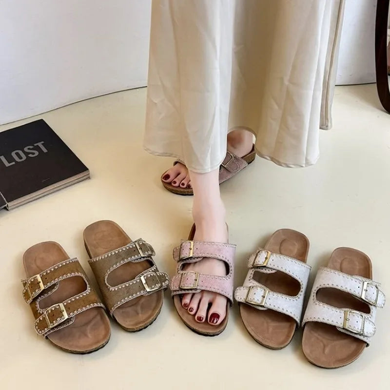 Women's Flat Slide Sandals Open Toe Suede Look Double Buckle Strap Slip on Whipstitch Detail Casual Summer Daily Walking Shoes