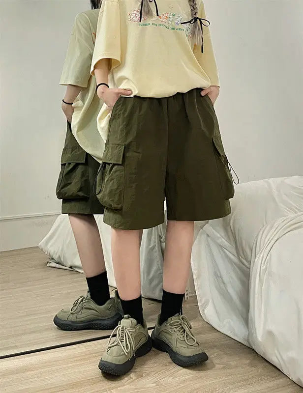 Women High Waist Cargo Shorts American Style Streetwear Summer Wide Leg Pants Fashion Female Big Pocket Loose Shorts