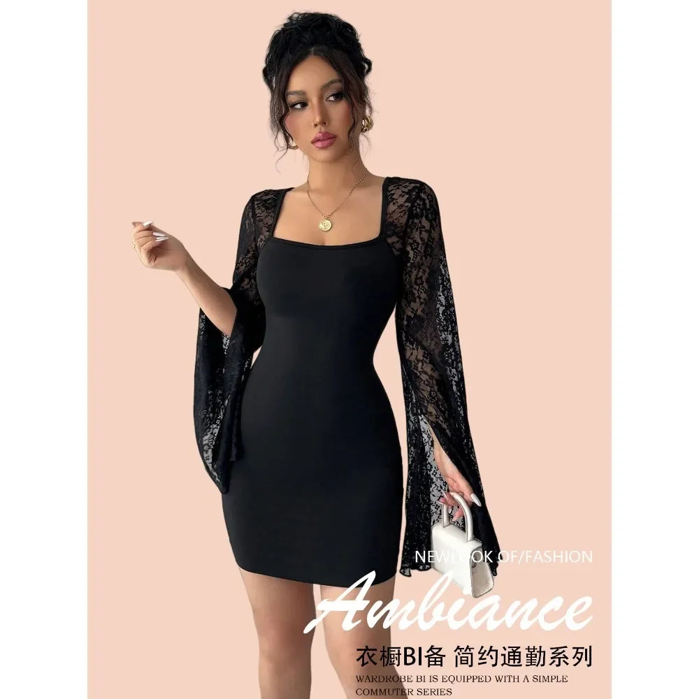 2026 Autumn New Flare Sleeve Split Lace Patchwork Square Neck Bodycon Dress Women