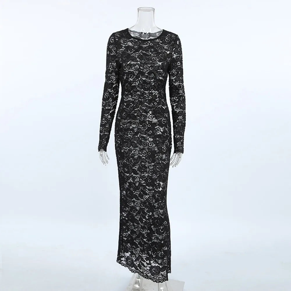 BKLD Sexy Black Lace Fishtail Dress 2026 Autumn Round Neck Bodycon Long Dresses Evening Party Clubwear Clothes For Women
