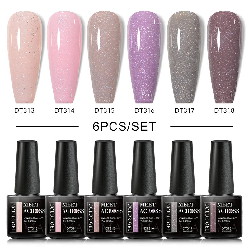 MEET ACROSS 6/8Pcs Set Glitter Gel Nail Polish Autumn Winter Nail Art Varnishes Semi Permanent Soak Off UV Gel Kit Nails Lacquer