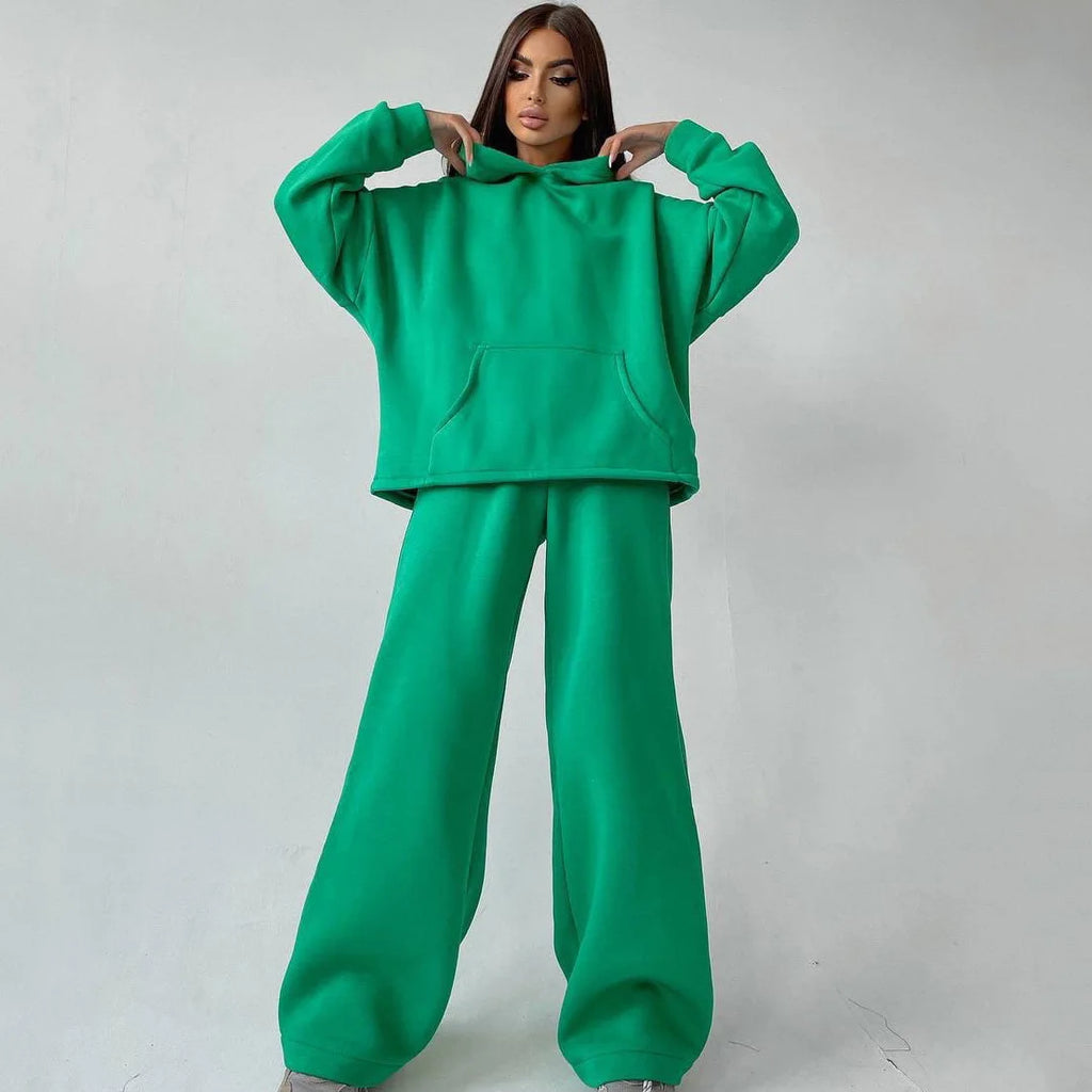 Woman's Solid Color Hooded Sweatshirt Pant Two-piece Set Fashion Long Sleeves Pocket Pullovers Pants Suits Ladies Loose Outfit