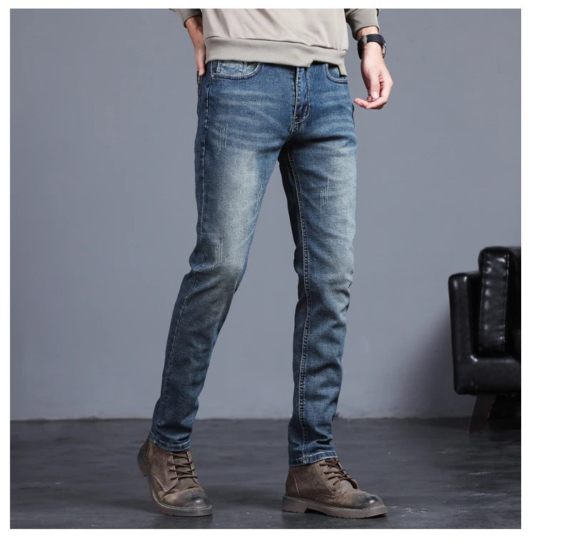 Men's Skinny Grey Jeans Fashion Casual Elastic Cotton Slim Korea Blue Biker Pencil Denim Trousers Male Hip Hop Brand Clothing