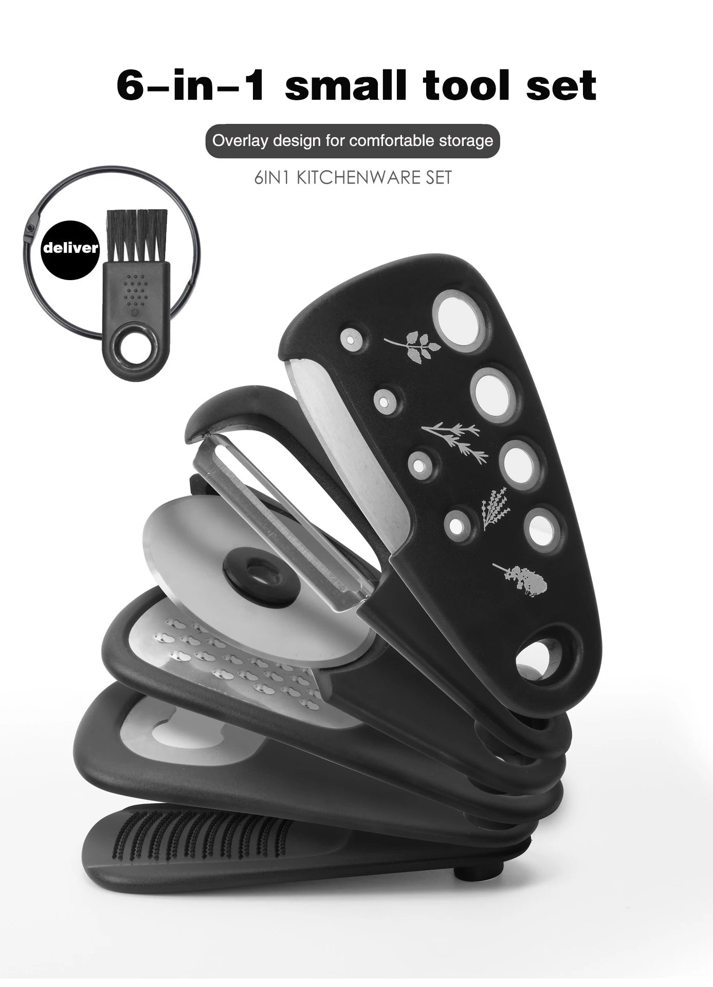 Stackable Kitchen Gadgets 6-Piece Melon Grinder Herb Cutter Garlic Grinder Can Opener Cheese Grater Pizza Cutter