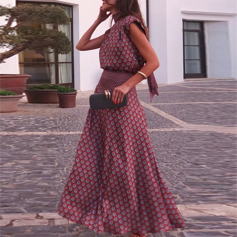Elegant Printed Women's Vest Skirts Suit Sleeveless Top A-Line Long Skirts Lady Set 2026 Summer Autumn 2 Pieces Set Women