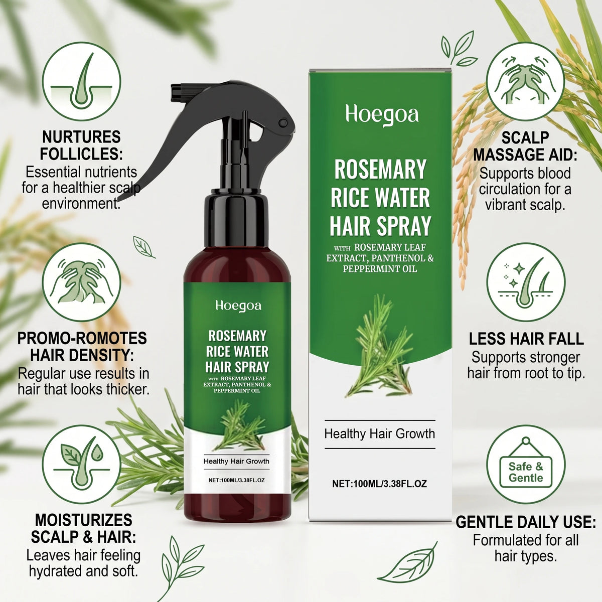 Rosemary Rice Water Hair Spray for Dry Frizzy Hair Nourishing Scalp Repair Damaged Hair Strengthen Weak Roots Reduce Breakage