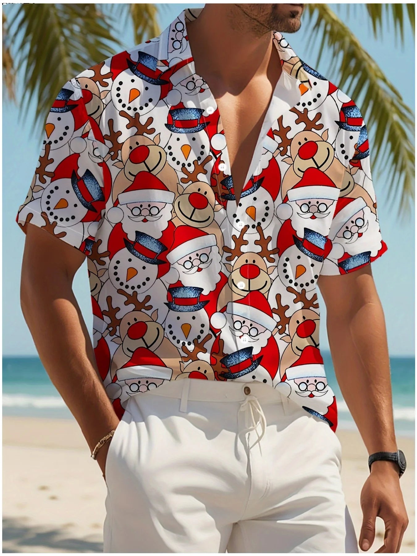 Men's Comic Christmas Graphic Hawaiian Shirt Men Women Fashion Santa Claus Shirt Short Sleeve Blouse Festive Holiday Clothing