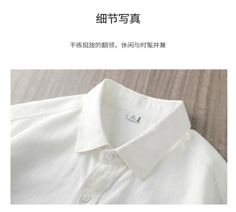 Dukeen Heavyweight Short-Sleeved Shirt Men's Summer Solid Color Lapel Pocket Casual Shirt Cotton White Shirts