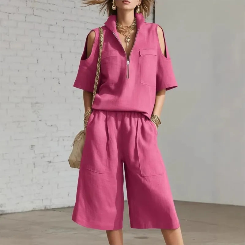 2026 New Summer Women's Clothing Two-piece Set Fashion Pockets Short-sleeved Shorts Shirt Loose Pants Casual 2-piece Set Women