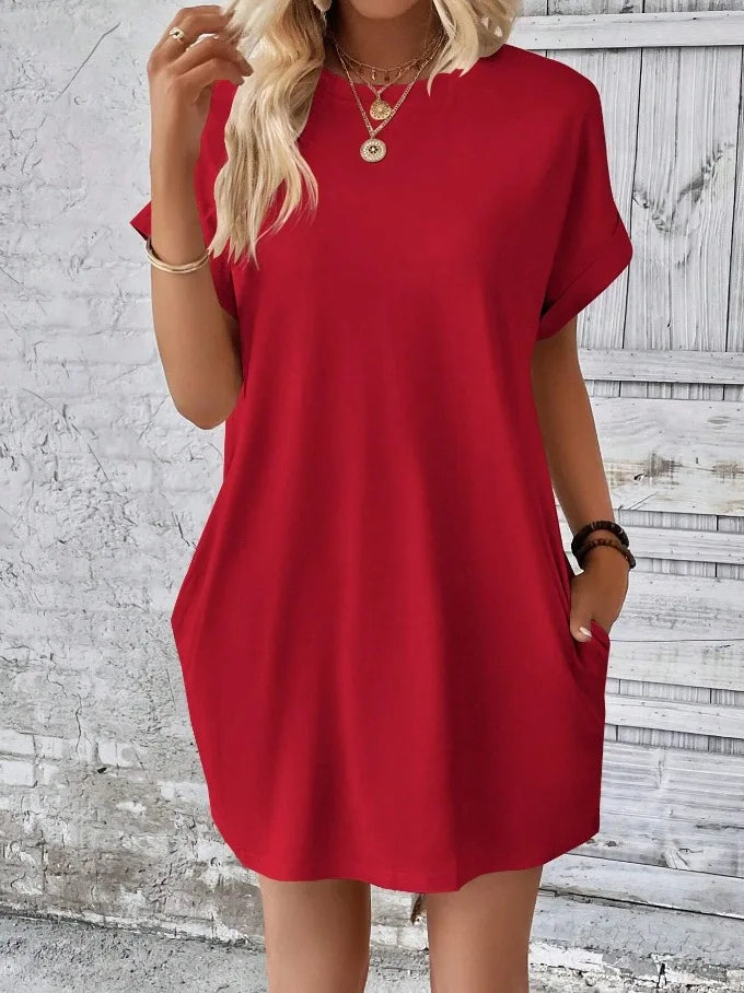 New women's spring and summer fashionable temperament casual commuting solid color round neck loose short sleeved pocket dress