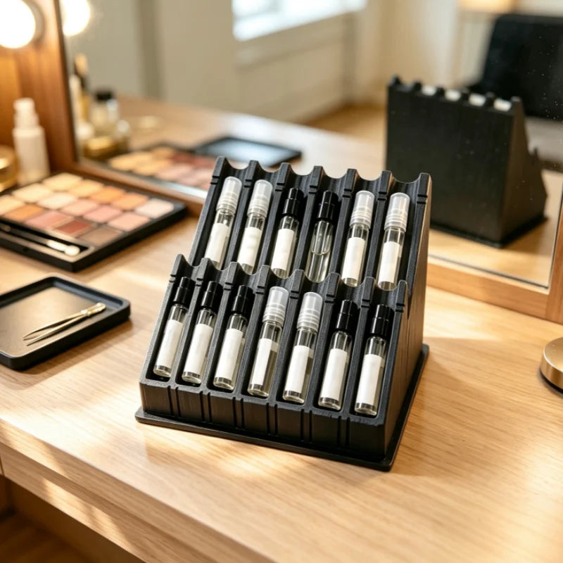 1pc-Perfume Sample Organizer: A desktop Compartmentalized Rack Designed to Store and Display Various Types of Perfume Samples.