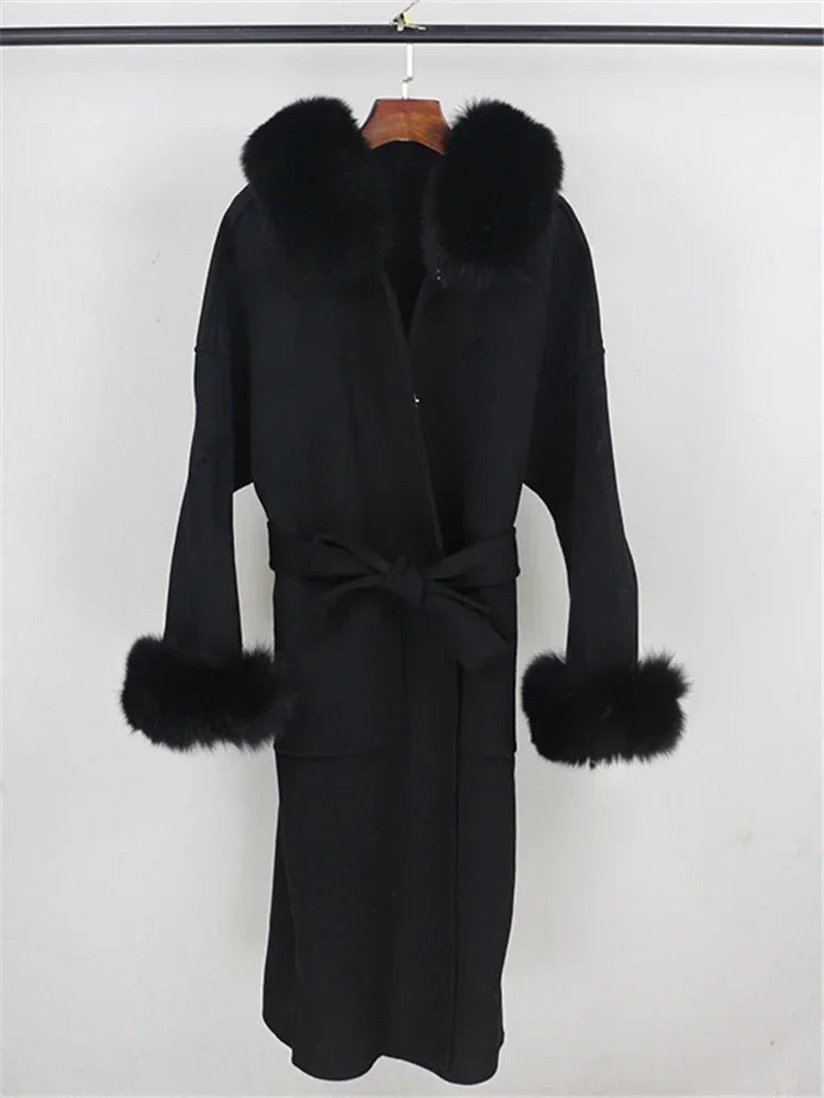 Real Fur Wool Outerwear Wool Blends Coat Natural Fox Fur Collar Hooded Cashmere Winter Jacket for Women Streetwear High Street