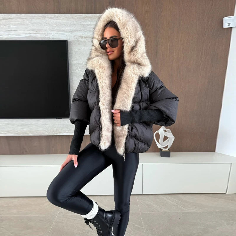 Fashion Women's Faux Fur Hooded Winter Jackets 2025 Warm Patchwork Zipper Full Sleeve Coats Puffer Female Solid Down Jacket