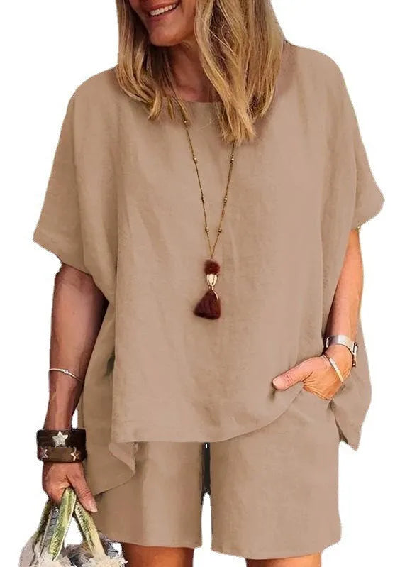Ladies Shorts Suit Fashionable Summer Women's Elegant Solid Color Pullover Loose Cotton Linen Short Sleeved Shorts Two-piece Set